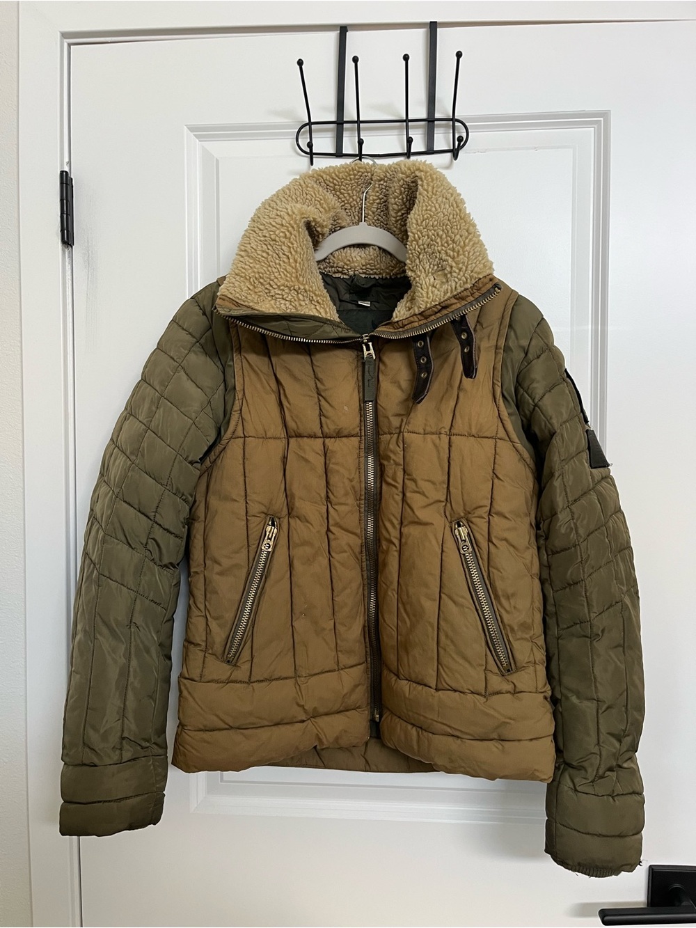 Diesel Two-Tone Olive & Khaki Quilted Puffer Jacket with Sherpa Collar